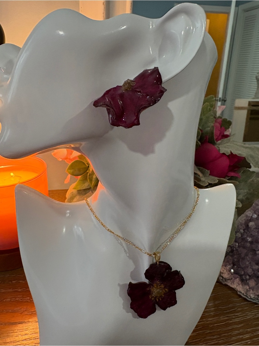 Gold Necklace and Earring Set with Dark Purple  Flower Pendant - Women Jewelry